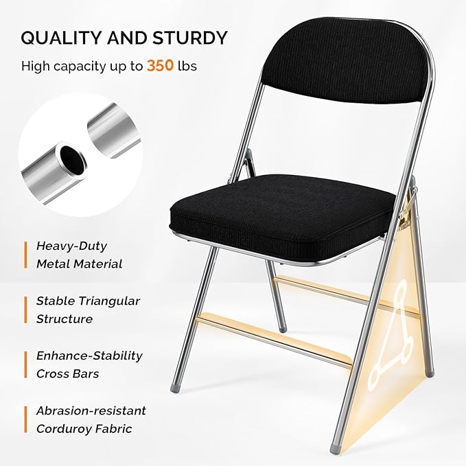 VINGLI Folding Chairs with Padded Seat & Backrest, Metal Frame, Durable Corduroy Fabric, 350 lbs Capacity, Set of 1, Black – Ideal for Weddings, Parties, Office Events