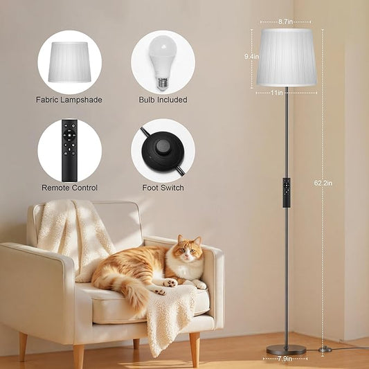 Pleated Shade Floor Lamp - 62" Dimmable Standing Lamp with Remote & Foot Switch, 4 Color Temps, E26 LED Bulb, 9W Modern Floor Reading Light for Living Room Bedroom Office Corner, Black