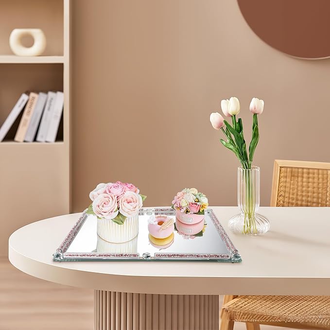 Large Mirror Perfume Tray for Dresser,Pink Crushed Diamond Filled Glass Vanity Tray,Decorative Bathroom Tray,Crystal Tray for Home Decorative,Party,Hotel Banquet,15.7x11.8x1.4inch,Pink