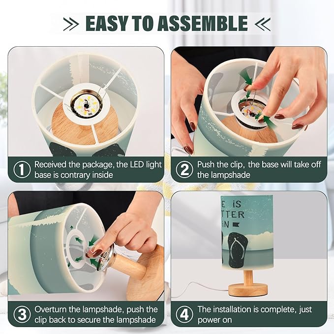 Flip Flop Summer Tropical Ocean Beach Nightstand Desk Lamp with Wood Base Fabric Shade for Living Room Bedroom Kids Room Office