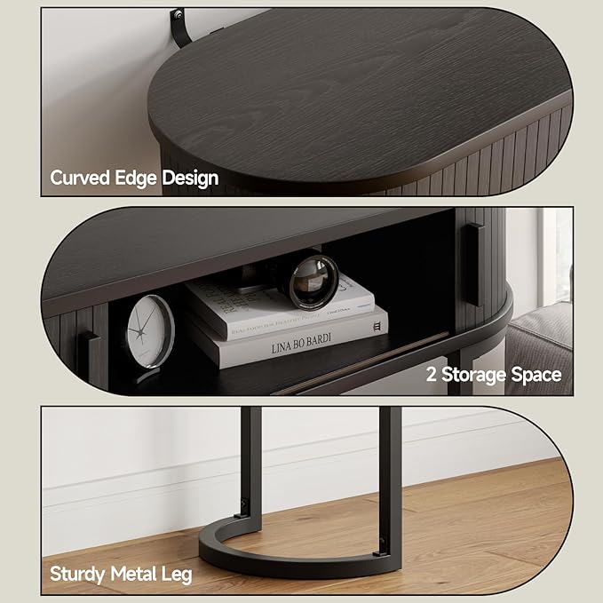 ONBRILL 55 Inch Console Table with 2 Drawers, Entryway Table with Sliding Door, Long Sofa Table Behind Couch w/Metal Leg, Mid-Century Modern Console Table for Entryway, Hallway, Living Room,Black