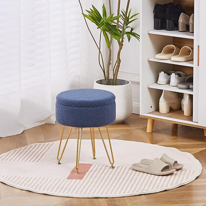Wimarsbon Storage Ottoman,Teddy Velvet Vanity Stool,Soft Padded Seat,Round Footrest with Removable Cover and Adjustable Legs,Modern Decorative Accent Footstool or End Table for Hallway (Grey-Blue)