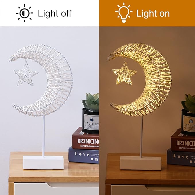 Lewondr Decorative Table Lamp, Christmas Moon Star Ramadan Desk Lamp Battery Powered Warm LED Crescent Light for Xmas Home Bedroom Bedside Desktop Nightstand Decoration, White