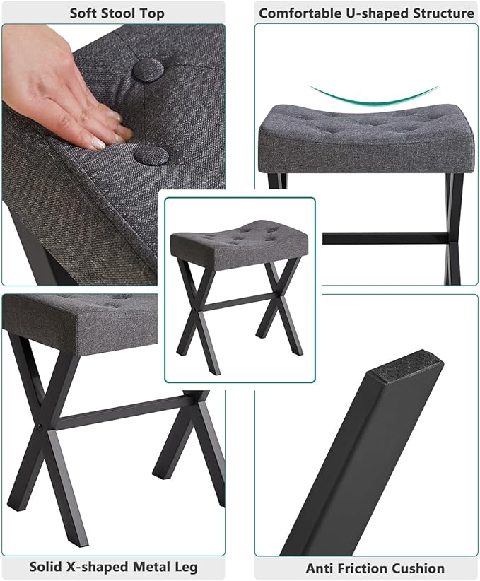IBUYKE U-Shaped Linen Vanity Stool, Square Makeup Chair with X-Leg, Ottoman Seat Footrest Stool, Multi-Use as Small Side Table, for Bedroom, Living Room, Dark Gray WBD018G