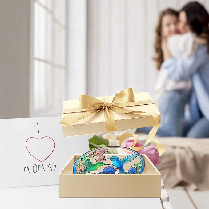 Stained Glass Sun Cather for Window Hanging, 6.3'' Hummingbird Suncatcher with Flowers for Indoor Ornament, Bird Stain Glass Home Decor for Women, Mother