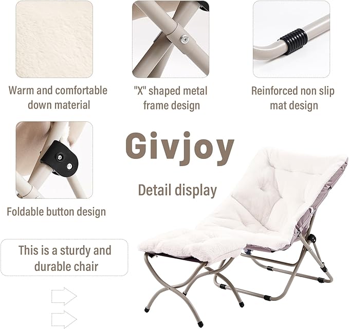 Comfy Folded Chair with Ottoman, Oversized Folding Faux Fur Chair Soft Furry Lounge Lazy Chair with Metal Frame Moon Chair Accent Chair for Bedroom, Living Room, Dorm Rooms