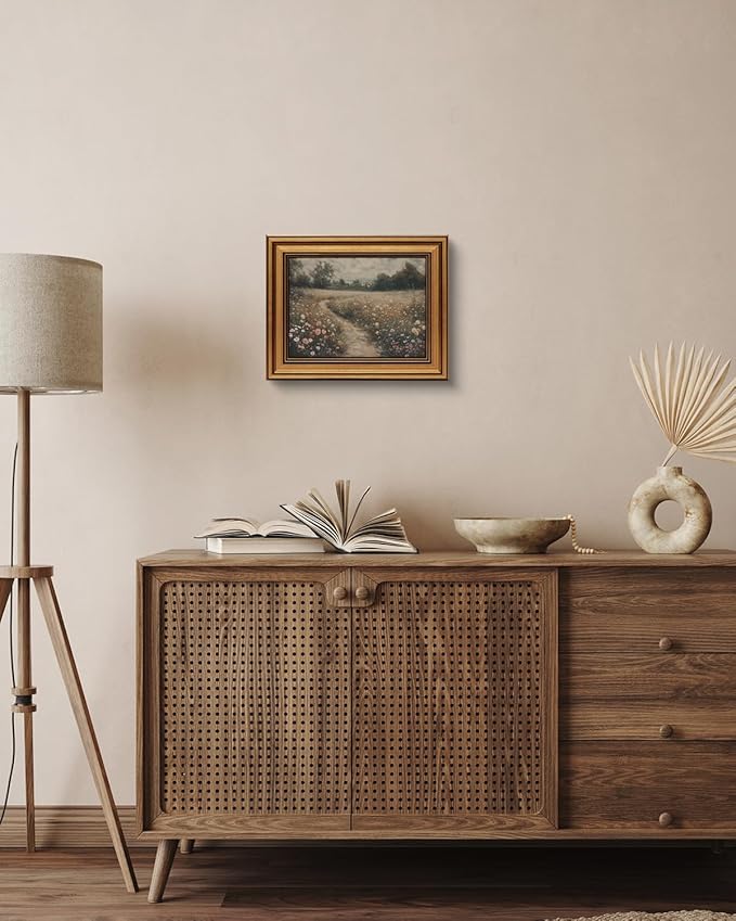 HUARCEY Gold Framed Vintage Wall Art for Living Room, Flowers Painting Prints Shelf Decor for Kitchen, Landscape Bedroom Wall Art, Christmas Gifts for Friends or Family (Flowers Path - 8"x10")