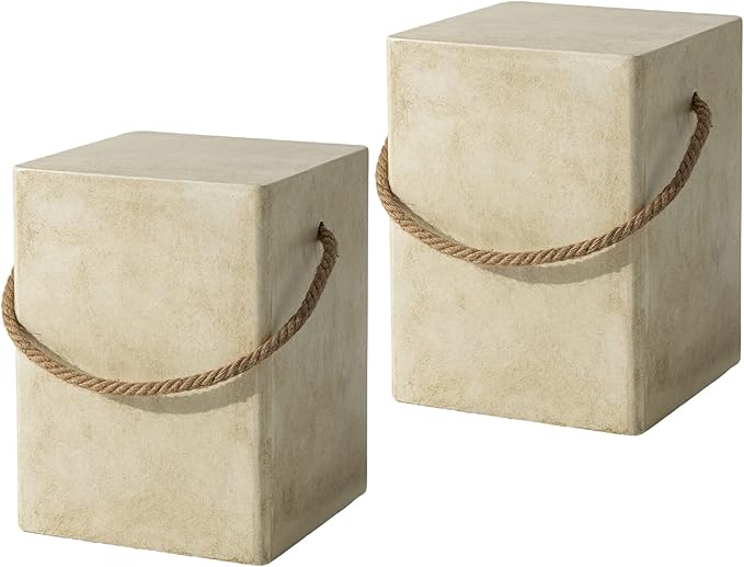 SUNBURY Outdoor Side Table Set of 2, 2 Pieces Concrete Side Table for Patio,18"H Small Outdoor Accent Table w Hemp Rope, Patio Side Table End Table Warm Gray, Ceramic Side Table Garden Stool Log Table