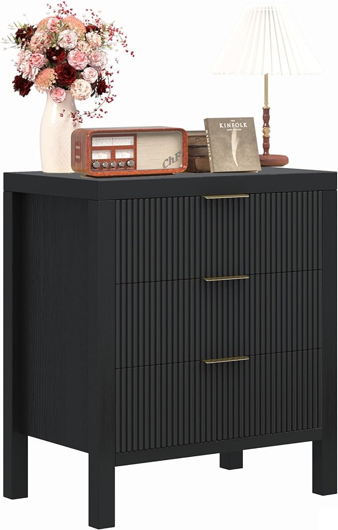 Fluted Nightstands Set of 2, Wooden Farmhouse Night Stands with 6 Drawer Bedside Table - Boho Tall End Table Accent Table for Bedroom, Living Room, （Black 2PCS）