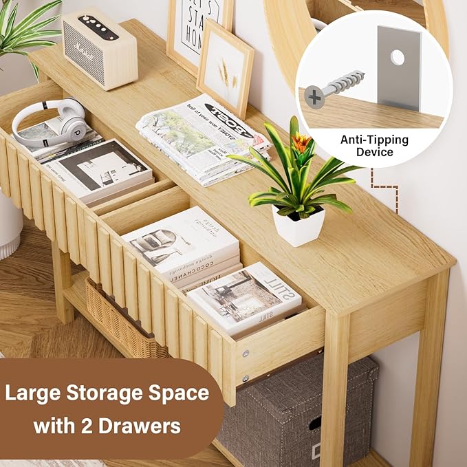 CHUWELL 47.2" Boho Entryway Table, Entryway Console Table with 2 Fluted Drawers and Shelf, Sofa Table for Living Room and Hallway (Oak)