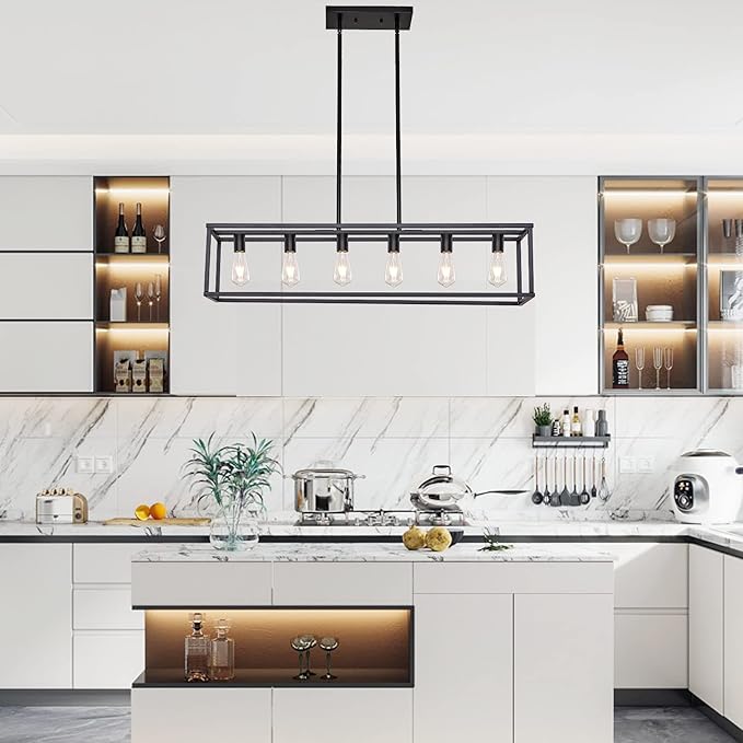 Farmhouse Rectangle Chandeliers for Dining Rooms, Kitchen Fixture Lights Pendant Lights Kitchen Island Black 6-Light Industrial Pendant Lighting for Kitchen Island