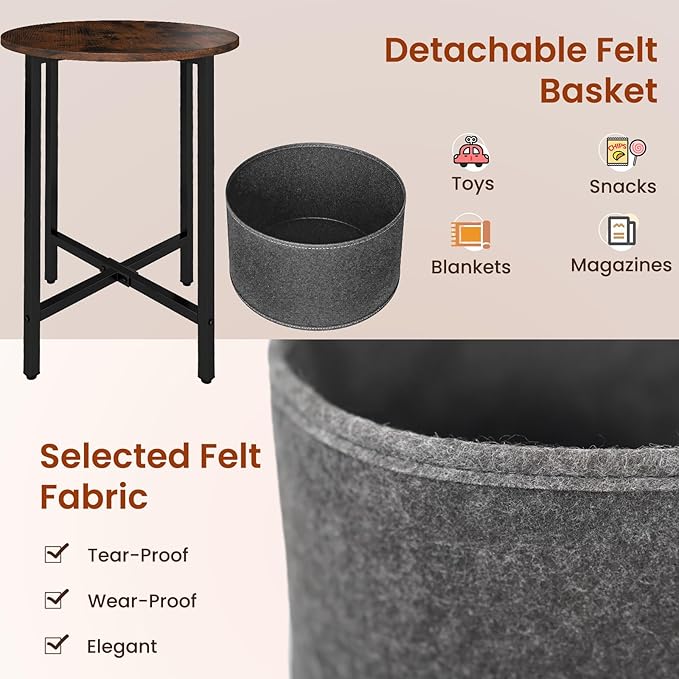 Giantex Round End Table, Small Side Table with Removable Fabric Basket, Modern Bedside Table with Metal Frame, Sofa Couch Accent Table for Small Space Living Room, Nightstand for Bedroom, Rustic Brown