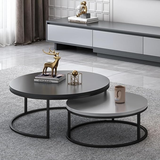 Round Nesting Coffee Table Set of 2, Modern Minimalist Accent Tables for Living Room, Bedroom, Office, Stackable Side Tables (Light & Dark Gray)
