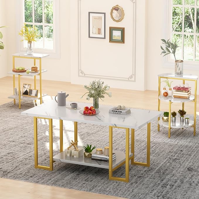AWQM Faux Marble Table Set, Coffee Table & 2 Side Table, Faux Marble Tabletop and Metal Frame, 3 Piece Table Sets, for Living Room Apartment, White & Gold