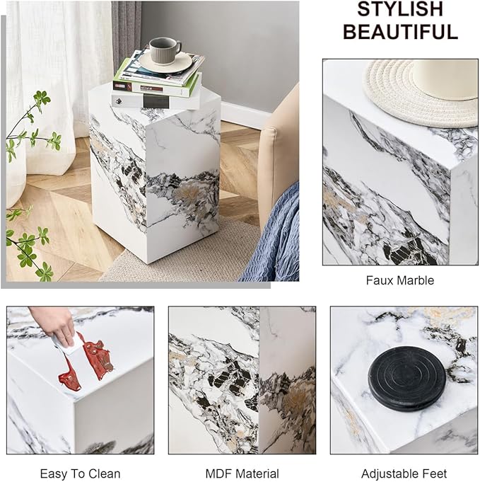 End Table, Side Table Living Room Table, Faux Marble Sofa Couch White Bedside Nightstand for Small Space