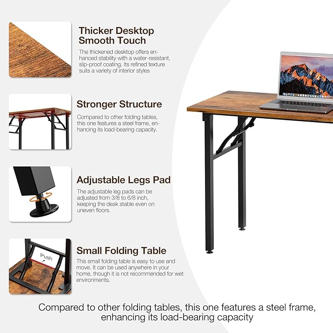 TEMI Long Computer Desk Folding Table - 55.1" Foldable Office Desk, No Assembly, Perfect Writing Table for Bedroom, Dorm, or Apartment, Portable Large Desk or Study Table with Compact Design, Brown