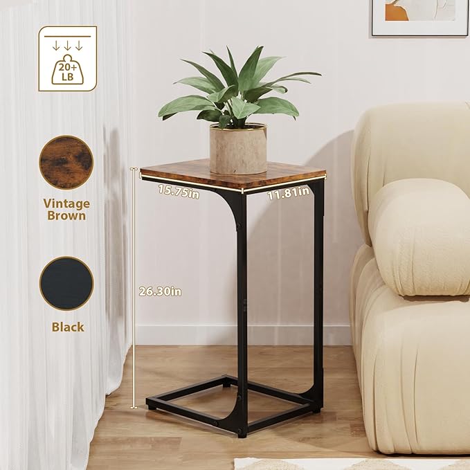 Narrow C Shaped End Tables Living Room TV Trays Set of 2, Small Thin Farmhouse Side Table Skinny Slide Under Couch Tray Tables for Sofa Bedroom Small Space 11.8 inch Width, Rustic Brown