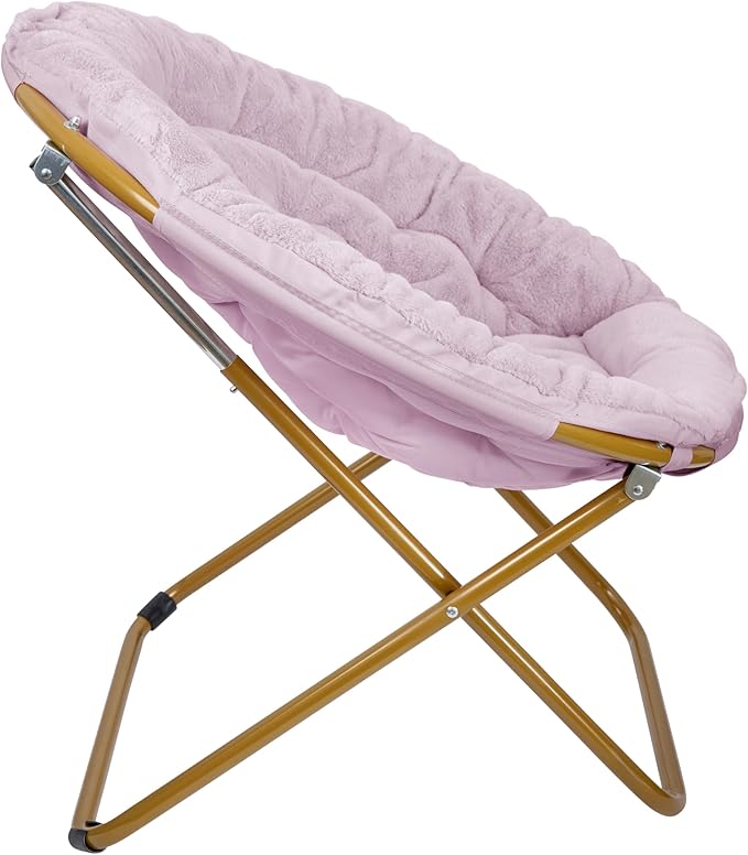 EMMA + OLIVER Ersa Oversize Folding Saucer Chair - Dusty Purple Faux Fur Moon Chair - Soft Gold Metal Frame - 38" Portable Folding Chair - for Dorm and Bedroom