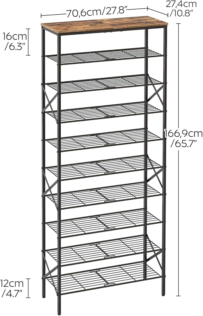 10 Tier Shoe Rack, Large Capacity Shoe Storage Organizer Holds 40 Pairs, Sturdy and Stable, for Entryway, Hallway, Closet, Dorm Room, Rustic Brown SS10BR