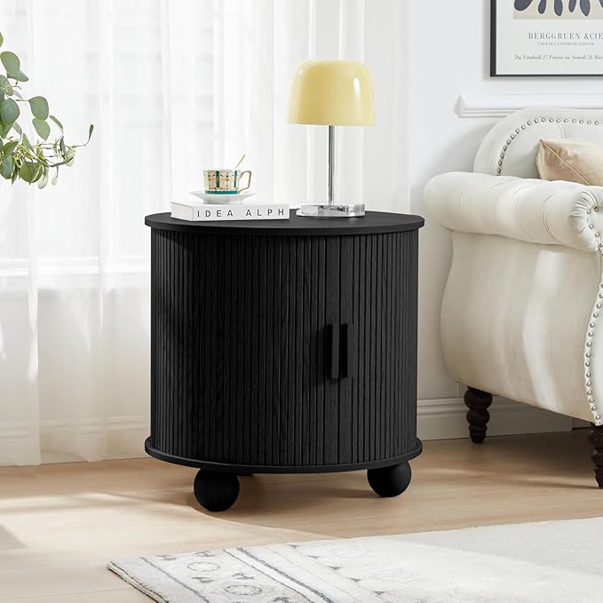 24" Large Fluted Round End Table with Charging Station, Farmhouse Cricle Sofa Side Table with Sliding Door and Storage, Rustic Curved Wood Nightstand for Living Room, Bedroom,Black