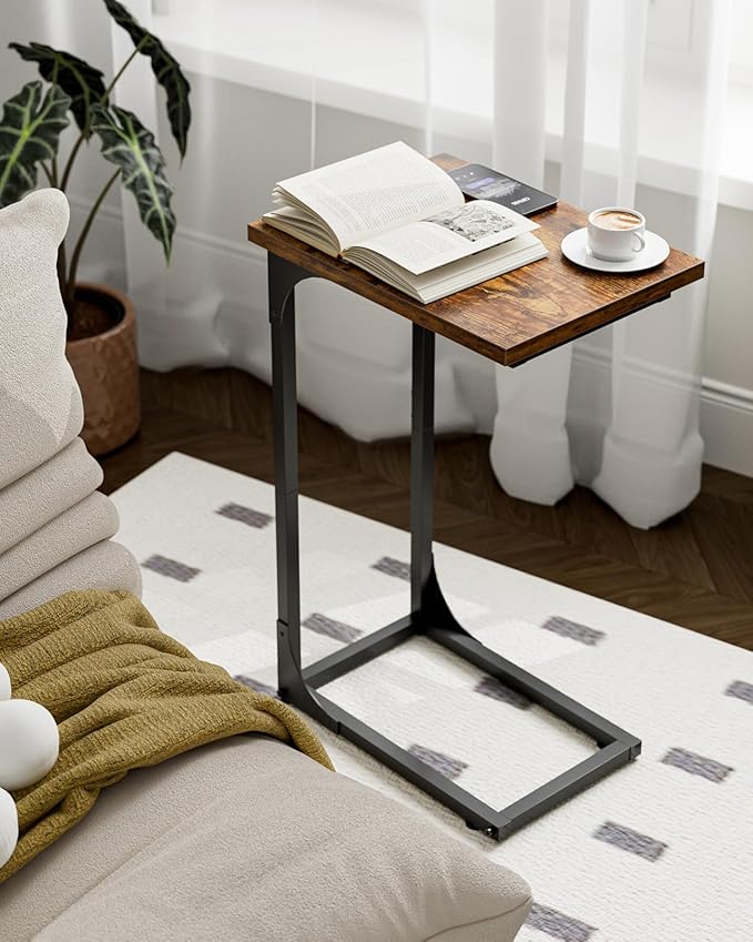 C-Shaped Side Table for Couch - Small Coffee Stand Sofa Tray Desk with Metal Frame and Waterproof Scratch Resistant, Modern End Accent for Living Room, Bedroom, Set of 2, Rustic Brown