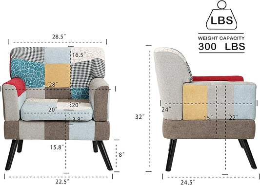 Modern Colorful Accent Chair,Boho Side Chair with Wood Leg,Comfy Upholstered Patchwork Chairs Cozy Comfy Armchair s for Living Room,Bedroom