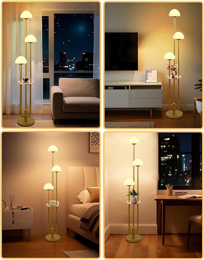 Lightdot Gold Dimmable Floor Lamp with Table, Modern Floor Lamps for Living Room, 3000K Warm Lights Tall Standing Lamp with Mushroom Shades & Bulbs for Bedroom/Office