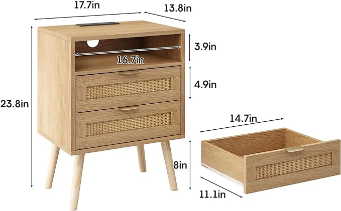 Real Rattan Nightstands Set of 2 with Charging Station and Led Lights, End Tables with 2 Drawers and Wood Legs, Bedside Tables, Boho Night Stand Set 2 for Bedrooms, Side Tables (2 Pack)