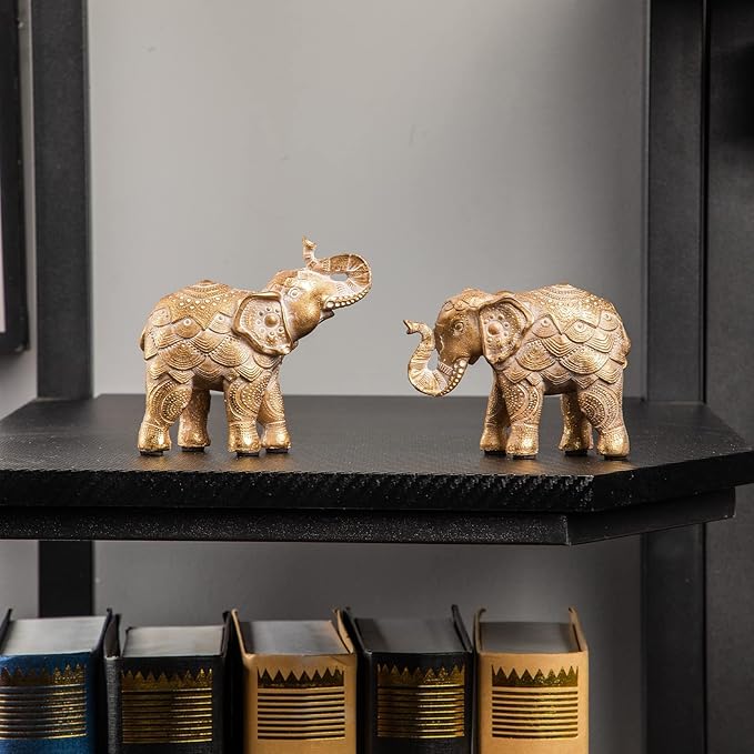 Elephant Statue for Home Decorations, Elephant Figurines with Trunk Up, Room Decor for Shelf Table Living Room Nightstand, African Elephants Gifts for Women Small Set of 2 Gold Color Accents