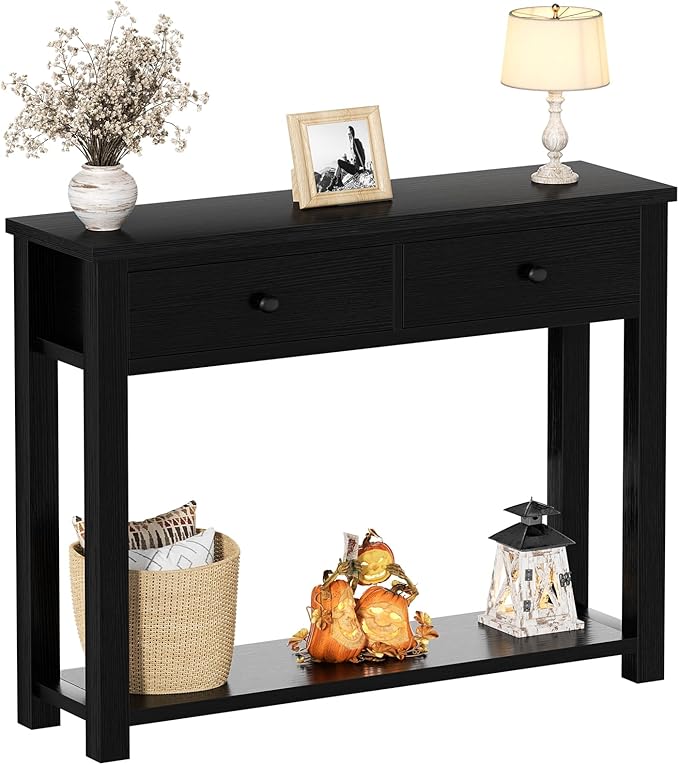 Homieasy Farmhouse Console Table with 2 Drawers, 32 Inch Small Sofa Table with Storage Shelf for Living Room, Behind Couch, Entryway Table for Hallway, Living Room, or Foyer, Black