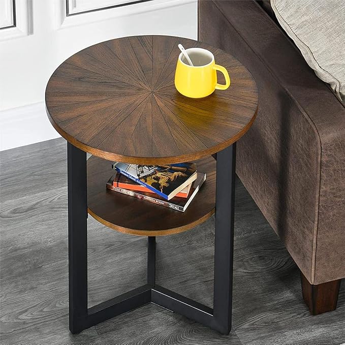 LEEMTORIG Round Side Table, 2-Tier End Table Nightstand with Metal Legs, Modern Bedside Accent Couch Table for Living Room, Bedroom, Office, Rustic Brown/Black, 19.3 x 19.3 x 24 inches BZ-1338-NC