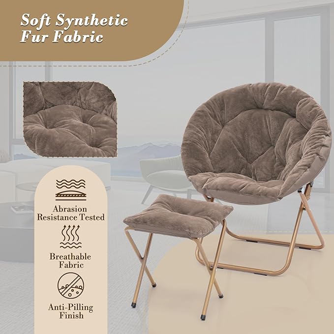 Athena Collection Saucer Chair with Ottoman Comfy Chair for Bed Room Living Room Folding Round Cozy Chair Faux Fur Metal Frame Foldable Lazy Chair Accent Chair Reading Chair Set of 2, Brown