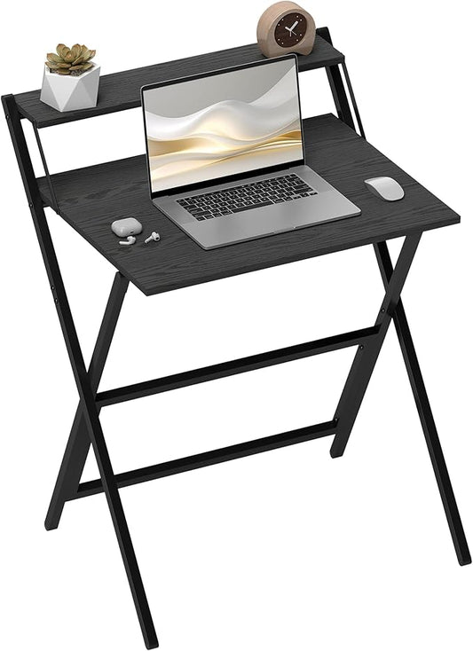 HOMCOM Small Folding Desk, 27.6 Inch Foldable Computer Desk with Monitor Shelf, Space Saving Portable Writing Table for Small Spaces, Home Office, Study, Easy Assembly, Black