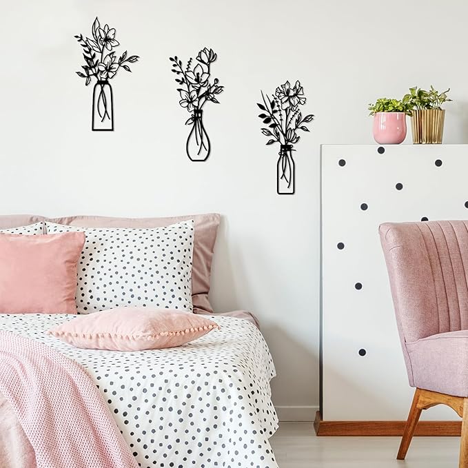 ARTINME 3 Pieces Metal Flowers Wall Arts - Rustic Farmhouse Decor Minimalist Flower Wall Decors for Living room Bathroom Kitchen Bedroom Dining Room - Housewarming Gifts (Black)