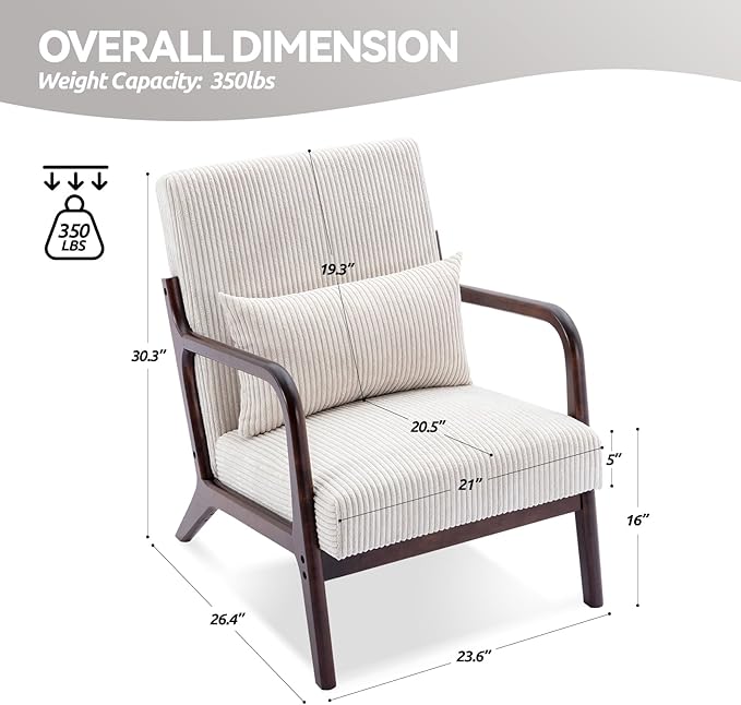 Mid Century Modern Accent Chairs Set of 2, Living Room Chairs Boho Armchair Set of 2 with Lumbar Pillow Solid Wood Frame & Corduroy Fabrics for Living Room Bedroom