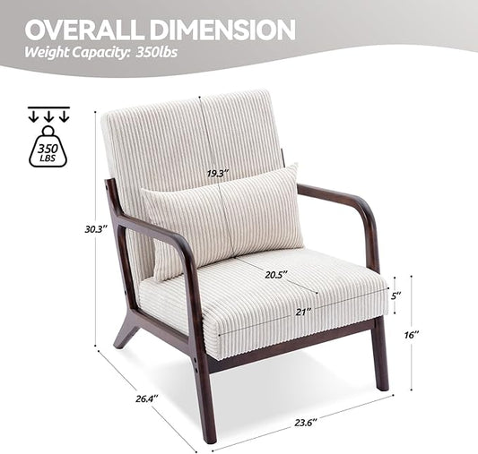 Mid Century Modern Accent Chairs Set of 2, Living Room Chairs Boho Armchair Set of 2 with Lumbar Pillow Solid Wood Frame & Corduroy Fabrics for Living Room Bedroom