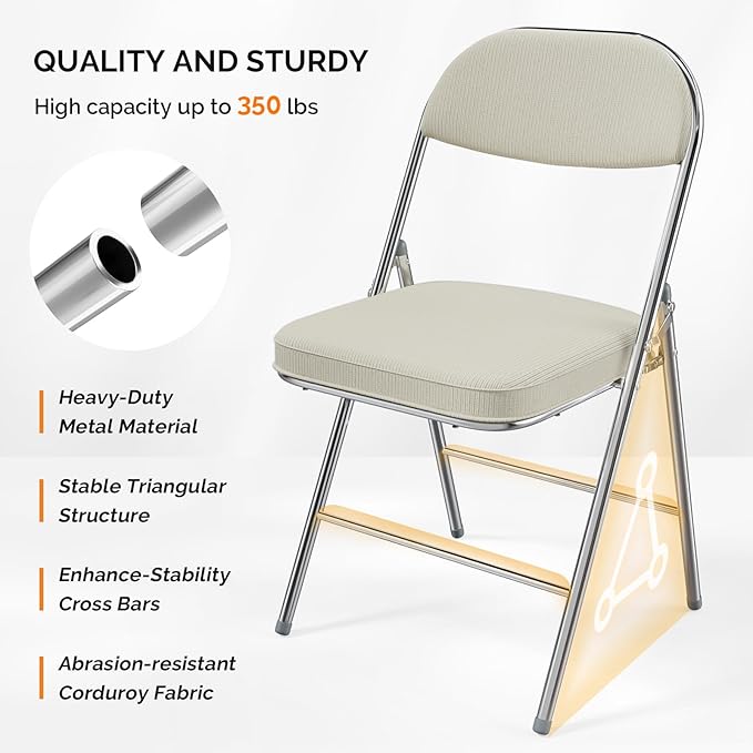 VINGLI 2 Pack Folding Chairs with Padded Seat & Backrest, Metal Frame, Durable Corduroy Fabric, 350 lbs Capacity, Set of 2, Off-White – Ideal for Weddings, Parties, Office Events