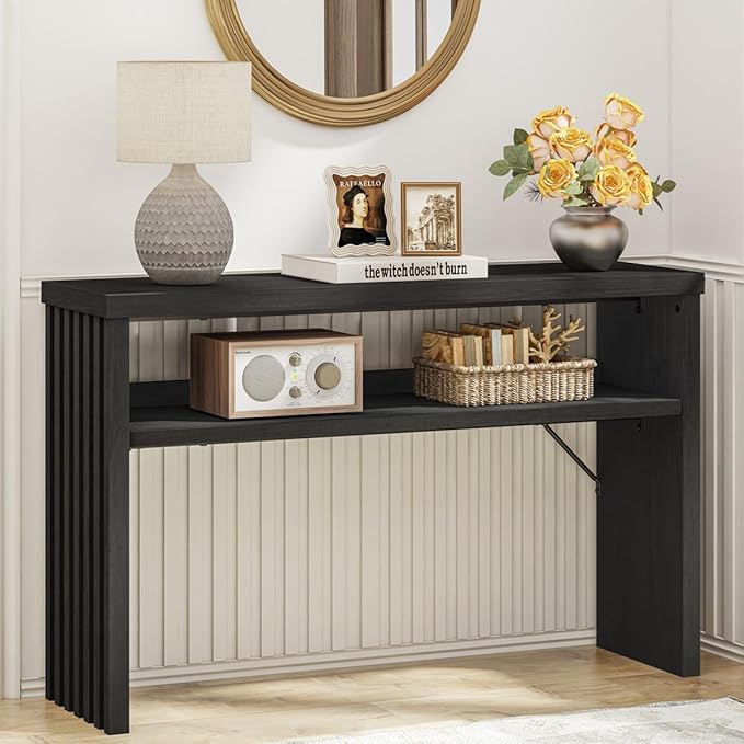 BON AUGURE Console Table with Storage, Black Entryway Table, Wooden Couch Tables Behind Sofa for Living Room, 2 Tier Front Door Entrance Tables (Black Oak, 47 Inches)