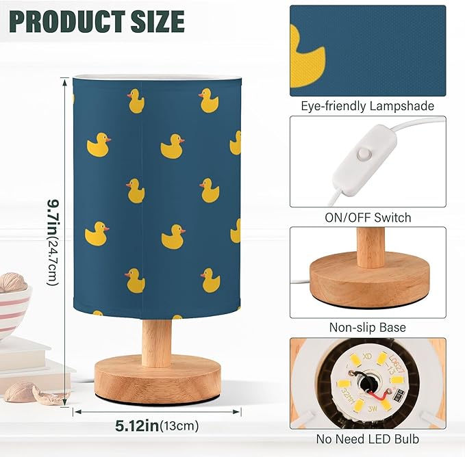 Table Lamp Yellow Duck Pattern on Dark Blue Nightstand Lamp with Wood Base Fabric Lamp Shade Bedside Desk Lamp for Living Room Bedroom Kids Room Office
