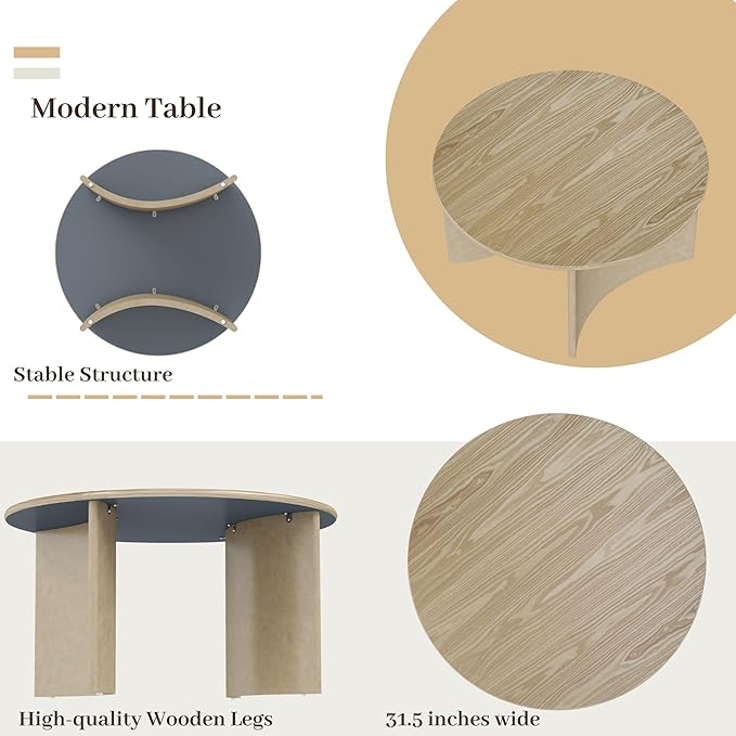 31.5" Mid Century Modern Coffee Table for Living Room, Round Table with Rubber Legs, Small Unique Cocktail Tea Table for Living Room Bedroom Apartment Small Space, Nutural