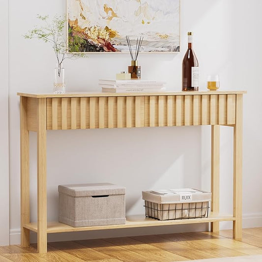 CHUWELL 47.2" Boho Entryway Table, Entryway Console Table with 2 Fluted Drawers and Shelf, Sofa Table for Living Room and Hallway (Oak)