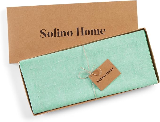 Solino Home Linen Table Runner 60 Inches - 100% Pure Linen Chambray Aqua Table Runner 14 x 60 Inch Ideal for Dresser and Coffee Tables - Athena