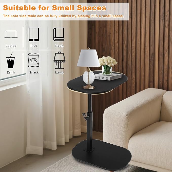 Side Table TV Tray for Couch,Height Adjustable 360° Swivel C Shaped End Table for Small Spaces,Bedside Bathroom Living Room (Black)