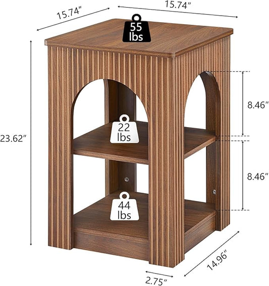 End Table with 3-Tier Storage, Mid-Century Modern Side Table with Arched Carving Lines, Square Fluted Nightstand Accent Table for Living Room, Bedroom, or Office (1, Walnut)