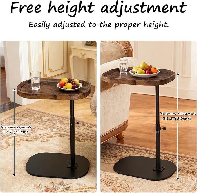 Adjustable C Shaped Side Table, C Table End Tables with Wheels for Sofa, 360° Swivel Sofa Tables for Livingroom,Bedroom,Study and Small Spaces (Vintage Brown)