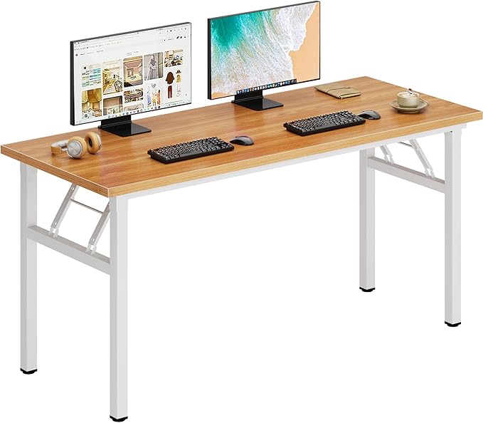 DlandHome Large Computer Desk, Folding Desk, Decent and Steady Home Office Desk/Workstation/Table 54.3inch Teak White