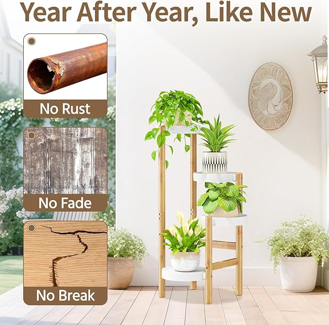 LASZOLA Bamboo White 4 Tier Heavy Duty Plant Stand Indoor, Tall Multiple Level Vertical Planter Rack for Modern Narrow Corner, Slim Spiral Flower Holder Organizer Display for House Decor, Plastic Tray