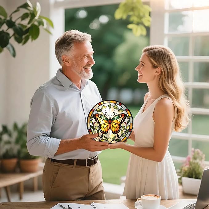 Butterfly Stained Glass Sun Catcher for Window Hanging, Yellow Butterfly Suncatcher for Indoor Window Decoration, Stained Glass Panel Home Decor for Women, Mom (Yellow, 6.3'')