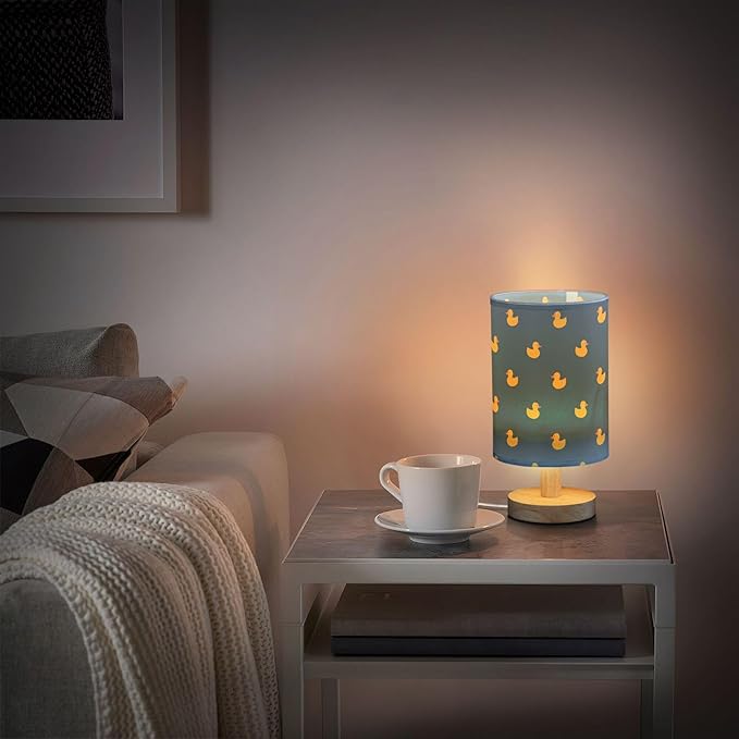 Table Lamp Yellow Duck Pattern on Dark Blue Nightstand Lamp with Wood Base Fabric Lamp Shade Bedside Desk Lamp for Living Room Bedroom Kids Room Office