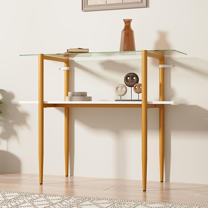 Glass Sofa Table, Mid-Century Modern Entryway Table with Tempered Glass & Golden Legs, 2-Tier Behind Couch Table for Living Room Hallway Entrance, White